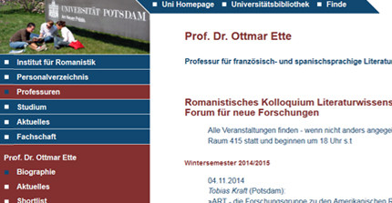 Screenshot aus der Webseite des Lehrstuhls von Prof. Dr. Ottmar Ette