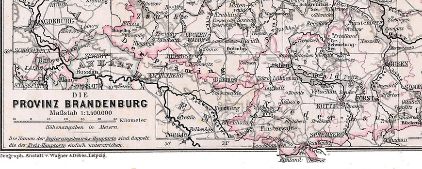 Ausschnitt Provinz Brandenburg 1905 mit der Lage von Cottbus