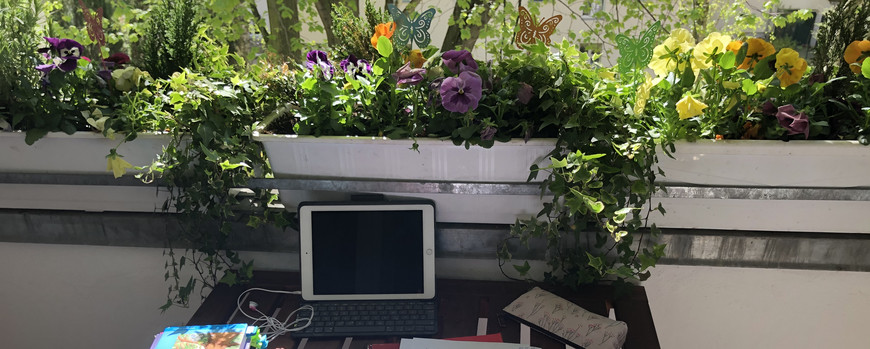 Tisch auf Balkon mit Pflanzen, Büchern und Tablet