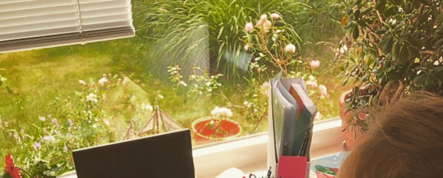 Mensch vor Schreibtisch. Darauf Buch, Laptop. Blick durch Fenster in Garten