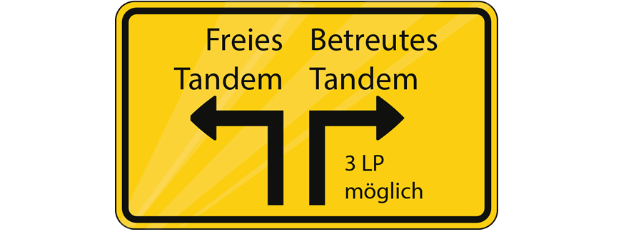 Graphic of Tandem Models: a street sign with pavement arrows as metaphor for the free and the supervised tandem (3 CPs (credit points) possible).