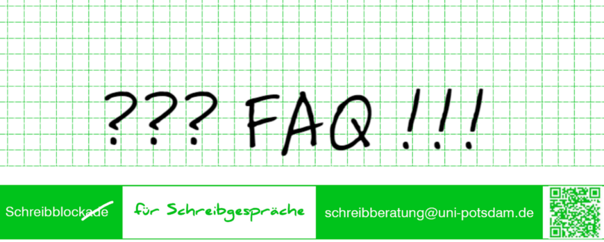 Auf dem grün karierten Schreibblock der Schreibberatung steht: ??? FAQ !!!
