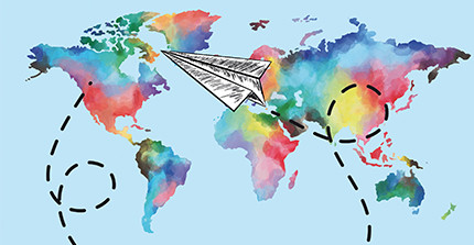 Bunte Weltkarte mit Papierflieger