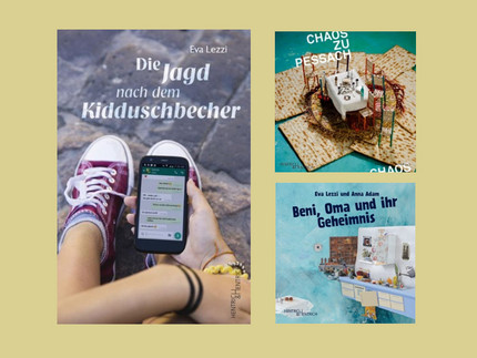 Cover von drei Kinderbüchern: "Die Jagd nach dem Kidduschbecher", "Chaos zu Pessach" und "Beni, Oma und ihr Geheimnis"