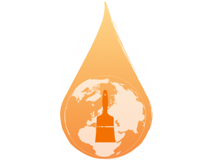 Orangefarbener Wassertropfen mit Weltkugel und Pinselpiktogramm