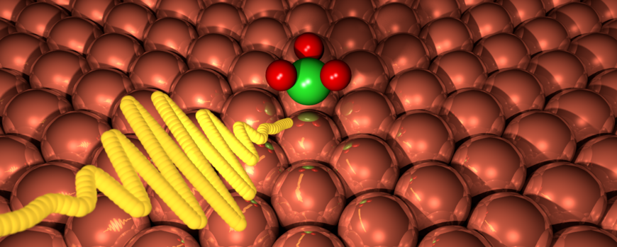 An artistic visualization of a laser pulse hitting an ammonia molecule adsorbed on a Cu(111) surface
