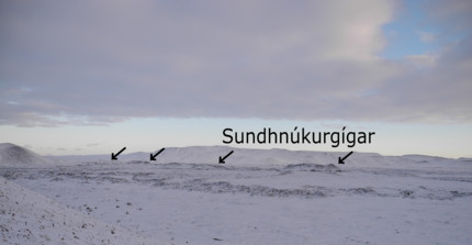 Blick auf die Kraterkette Sundhnúkurgígar auf Island
