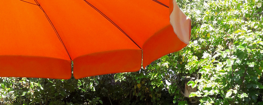 In einem Garten unter einem organene Sonnenschirm steht ein GArtentisch mit Laptio und Schreibsachen