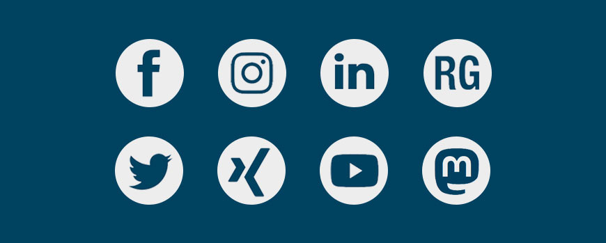 Auf dem Bild sind die Icons aller 8 Social-Media-Kanäle der Uni Potsdam zu sehen: Facebook, Instagram, LinkedIn, ResearchGate, Twitter, Xing, YouTube, Mastodon