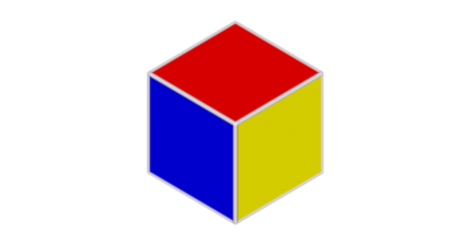 Das Logo zeigt einen isometrisch dargestellten Würfel. Die 3 sichtbaren Flächen sind in Rot, Blau und Gelb eingefärbt.