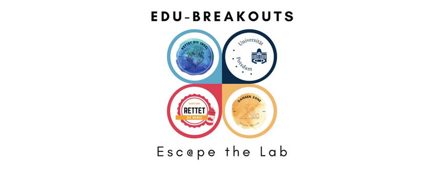 Verschieden farbige Kreise mit Schriftzug "Edu-Breakouts – Escape the Lab"