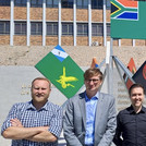 The War Studies Delegation in front of the Armed Forces Memorial at the Military Academy, from left to right: Evert Kleynhans, Sönke Neitzel, Alex J. Kay, Christian E. Rieck, Louis Makau.