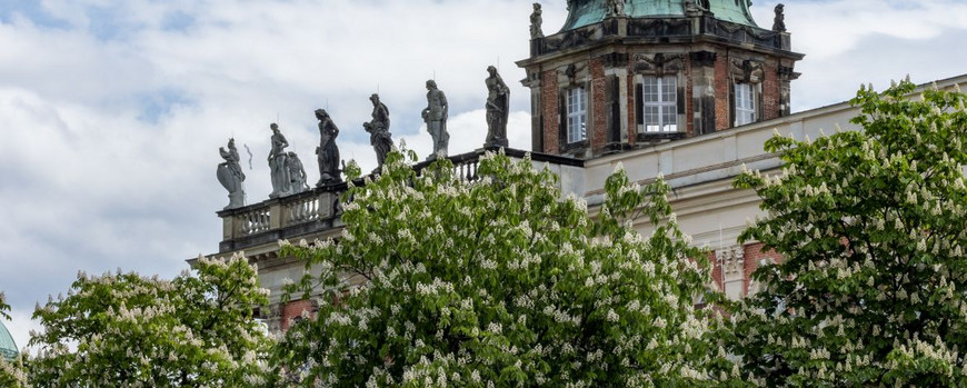 Roof of the historic north commun with figures on the edge and on the dome, on the lower edge blooming chestnut trees