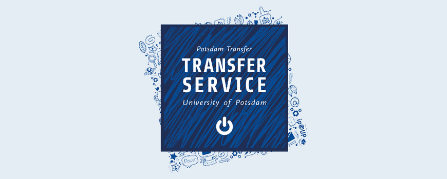 Blaues Quadrat mit weißem Schriftzug "Transfer Service" auf blauen Icons uns hellblauem Hintergrund