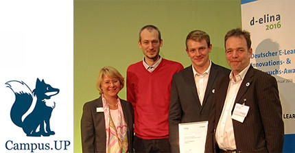 Sünne Eichler vom Kongress-Komitee der LEARNTEC übergibt den d-elina Award 2016 an Alexander Kiy, Matthias Weise und Jörg Hafer von der Universität Potsdam für das Projekt Campus.UP