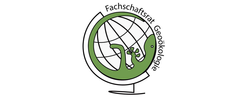 Logo der Fachschaft Geoökologie: Ein grüner Gecko liegt in einem durch schwarze Linien gezeichnetem Globus auf dem Rücken. Sein Schwanz und Fuß formen ein G.