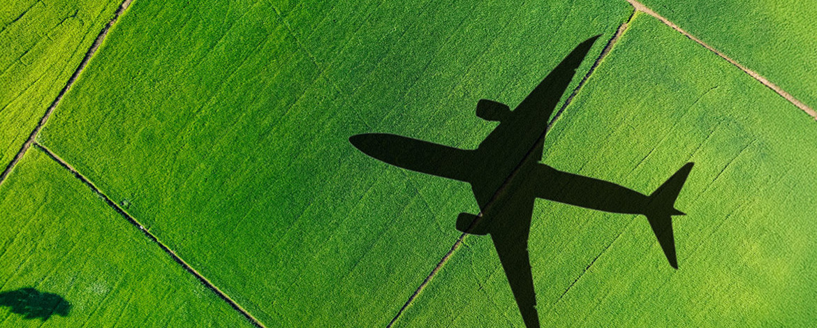 Vogelperspektive auf grüne Felder. Auf ihnen bildet sich der Schatten eines darüber fliegenden Flugzeuges ab. -