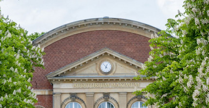 Fassade des Audimax der Universität Potsdam, links und rechts gesäumt von blühenden Kastanien
