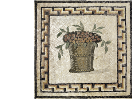 Detail des Kölner Dionysos-Mosaiks. Korb mit Kirschen und Blättern