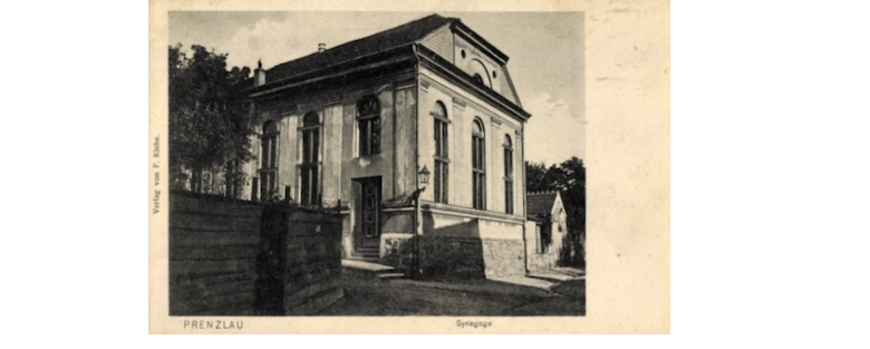 Postkarte mit der nicht mehr vorhandenen Synagoge in Prenzlau