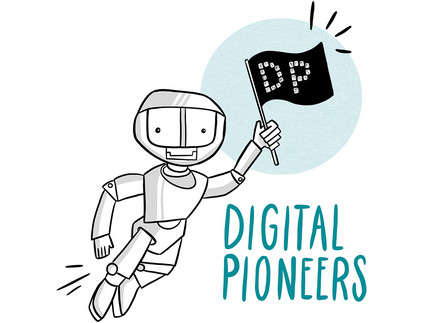 Illustration: Digital Labs Pioneers "Roboter" mit Flagge fliegt nach rechts oben.
