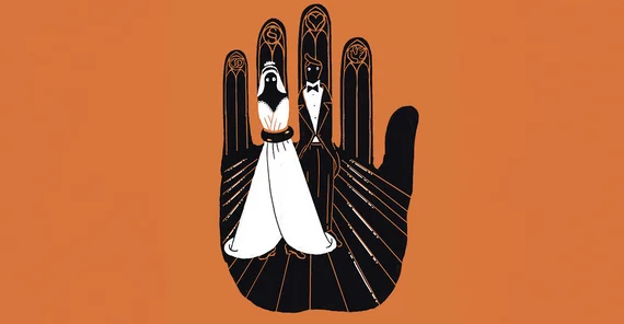 Illustration. In der Form einer Hand findet sich der Innenraum einer Kirche mit langgezogenen Kirchenfenstern in allen Fingern außer dem Daumen. Im Ringfinger ist zudem die Figur einer Braut zu sehen, der Ehering bildet einen engen Gürtel über ihrem Kleid. Rechts neben ihr im Mittelfinger befindet sich der Bräutigam. Beide schauen sich mit großen Augen an.