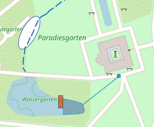 Wasserteich und Bachlauf auf Karte mit eingezeichnetem Steg