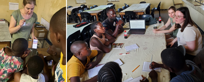 (from left to right) A researcher showing the screen of her phone to a small group of learners; a mixed group of scientists and learners sitting around a table with an open laptop showing slides on water infiltration, notebooks and pencils on the table