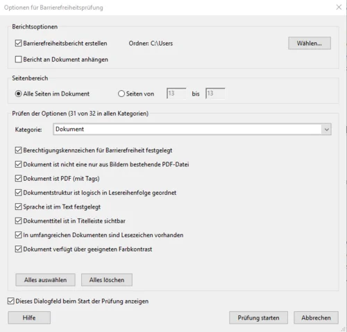 Adobe Pro - Optionen für Barrierefreiheitsprüfung