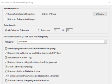 Adobe Pro - Optionen für Barrierefreiheitsprüfung