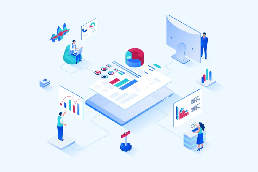 Grafisches Bild mit Datenanalyse. Personen arbeiten mit Charts, Diagrammen und Grafiken
