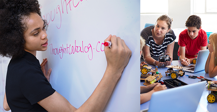 Frau an Whiteboard | eine Frau und ein Mann mit Laptops in einer Diskussion | Papier und Stifte