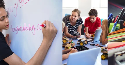 Frau an Whiteboard | eine Frau und ein Mann mit Laptops in einer Diskussion | Papier und Stifte