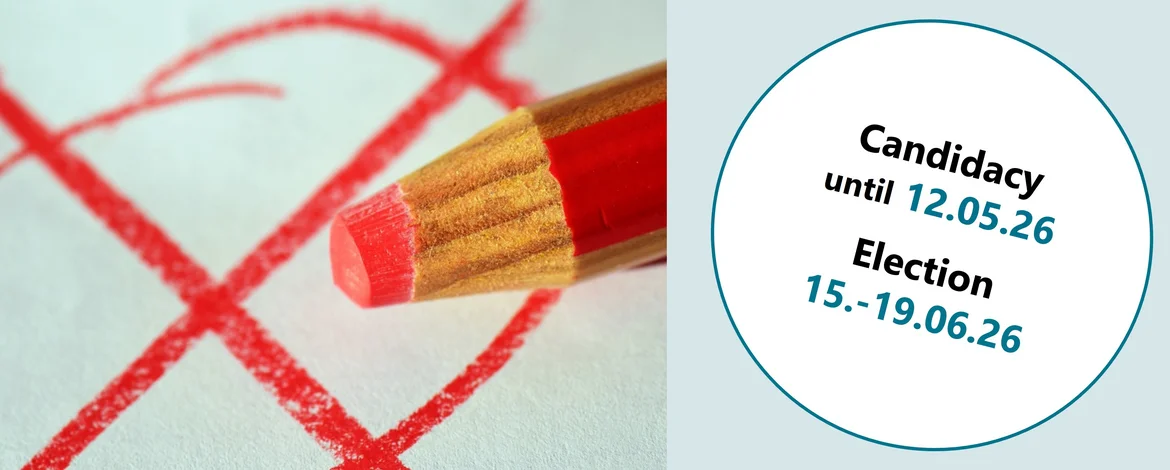 On the left side of the image, there is a red circle with a cross through it and the tip of a red crayon. On the right side, a speech bubble indicates that nominations are open until May 12, 2026, and that the election will take place from June 15–19, 2026. - 