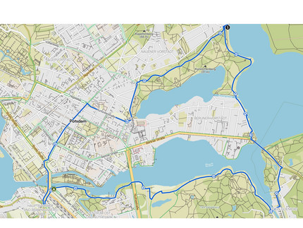 Karte der Route Fahrradtour PoGS von Potsdam Hauptbahnhof über Babelsberg, Meierei Potsdam, Am Neuen Garten, Potsdam Hauptbahnhof.