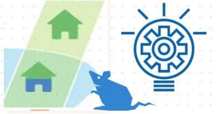 Das Inno_MAUS Projektlogo zeigt schematisch links zwei Häuser, von denen das untere überflutet wurde, rechts ein Zahnrad in einer Glühbirne und dazwischen sitzt eine Maus.