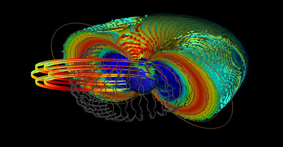Die Konturen in Farbe zeigen die Intensitäten der donutförmigen Strahlungsgürtel. Die grauen Linien zeigen die Flugbahnen der relativistischen Elektronen in den Strahlungsgürteln. Konzentrische Kreislinien im Vordergrund zeigen die Flugbahn von wissenschaftlichen Satelliten, die diese gefährliche Region im Weltraum durchqueren. | Illustration: Ingo Michaelis und Yuri Shprits, GFZ