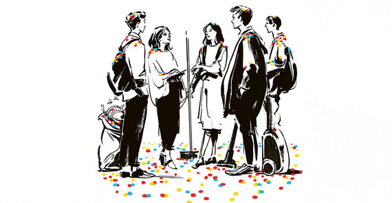 Black-and-white illustration of young people standing in a circle and talking. Colorful confetti lies on their shoulders and on the floor. They have cleaning supplies such as vacuum cleaners, brooms, and trash bags with them.