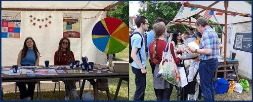 Collage aus zwei Fotos vom Campus-Festival: Stände des Zessko mit Glücksrad und beim Quiz mit Mitarbeitenden und Studierenden