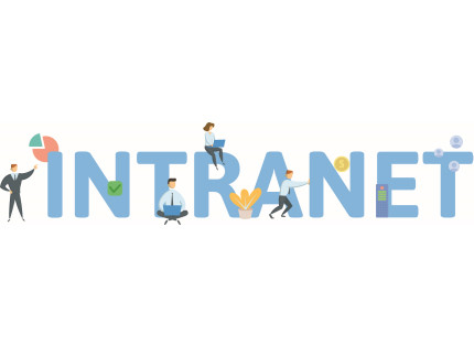 The word intranet is represented by letters, people and symbols