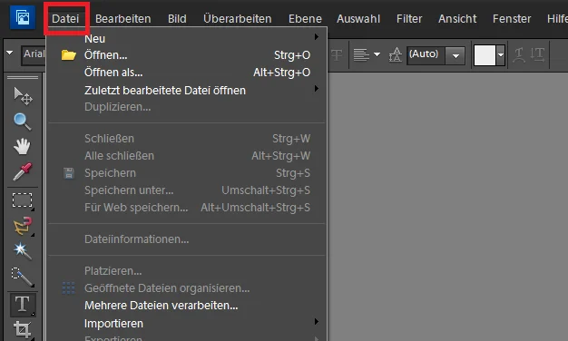 Öffnen Sie das Bild über den Menüpunkt „Datei“ => „Öffnen“.