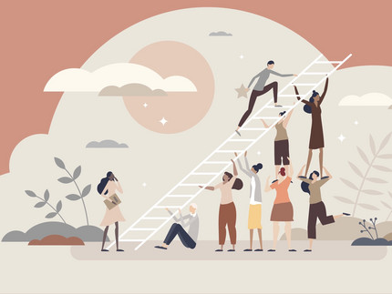 Grafik einer Gruppe diverser Frauen, die sich gegenseitig helfen eine Leiter zu erklimmen.