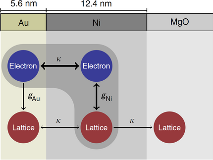 Schematic of the various energy flow channels in a Gold-Nickel bilayer sample.