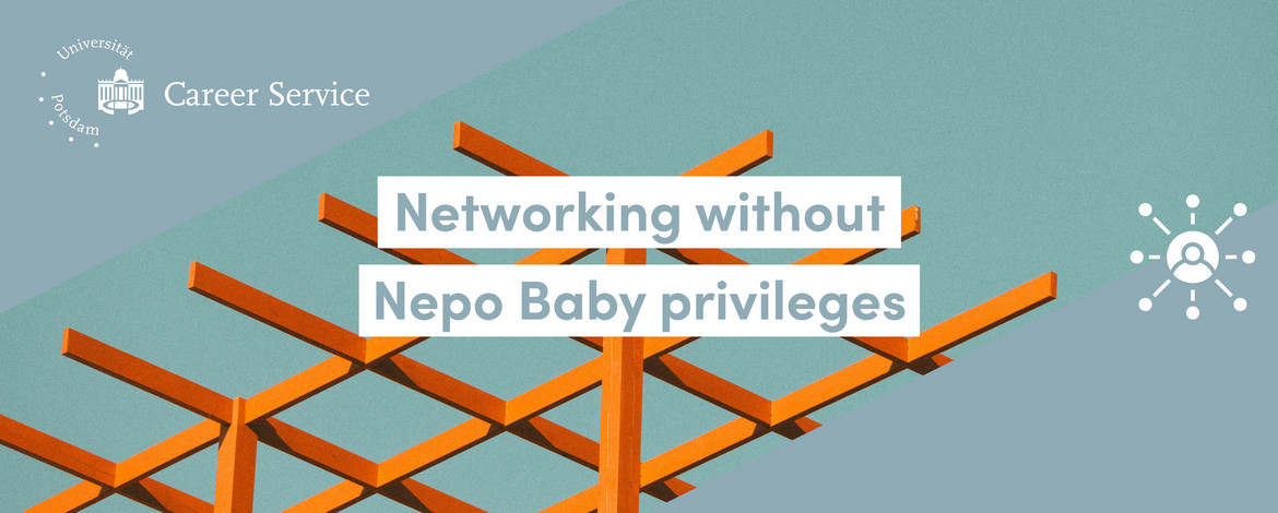 Bild eines orangenen Gerüsts vor blauem Hintergrund. Darüber Text, der den Titel des Workshops "Networking without Nepo Baby privileges" nennt. - 