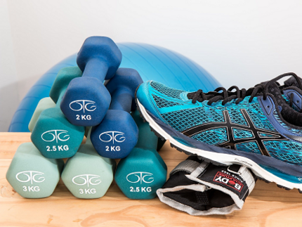 dumbbells, sports shoes