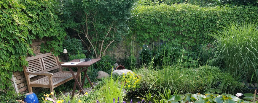 Garten mit Holzbank und Holztisch. Drumherum eine Mauer und sehr viele Pflanzen