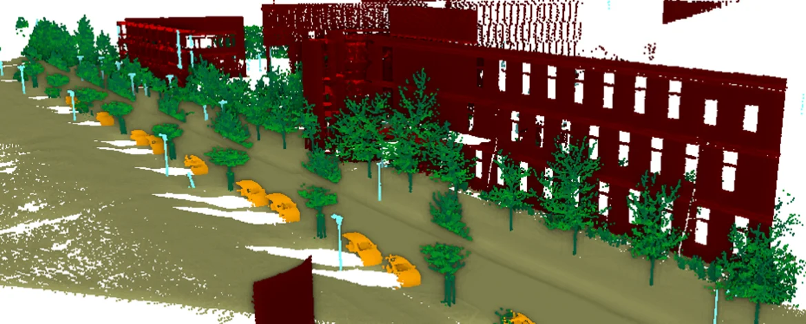 Das Bild enthält die Punktwolke eines Gebäudes, die segmentiert und eingefärbt ist, um Objekte zu erkennen und hervortreten zu lassen.