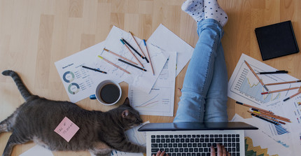 Sinnbild für Homeoffice - Mensch mit Laptop auf dem Boden sitzend, überall Zettel, selbst auf der Katze (links liegend)