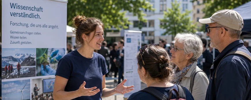 Eine Wissenschaftlerin spricht draußen auf einem öffentlichen Platz mit Bürgerinnen an einem Stand über Forschungsprojekte an der Hochschule.