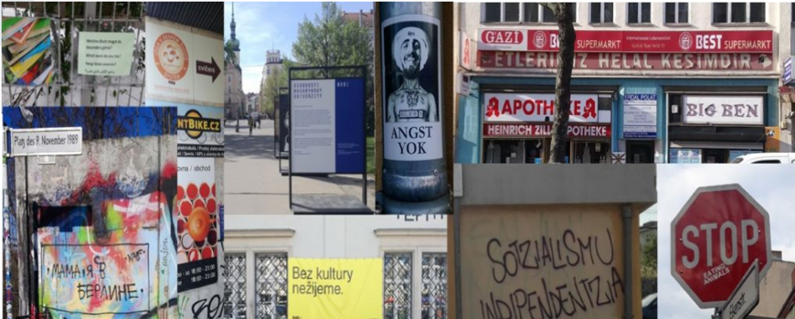 Das Bild zeigt eine Collage aus mehrern Graffitis, Plakate, Schilder etc.
